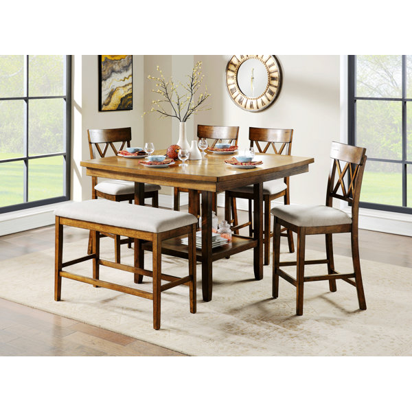 Gracie Oaks Solid Dining Set Counter Height Table Bench and 4 Counter Height Chairs , Shelf